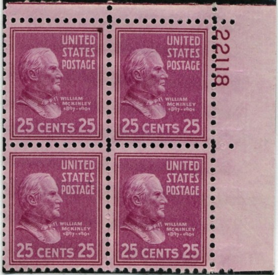 Scott 829 25 Cent Stamp William McKinley Plate Block