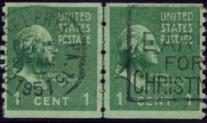Scott 839 1 Cent Stamp George Washington coil stamp Perforated vertically pair