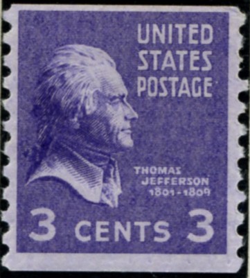 Scott 842 3 Cent Stamp Thomas Jefferson coil stamp Perforated vertically