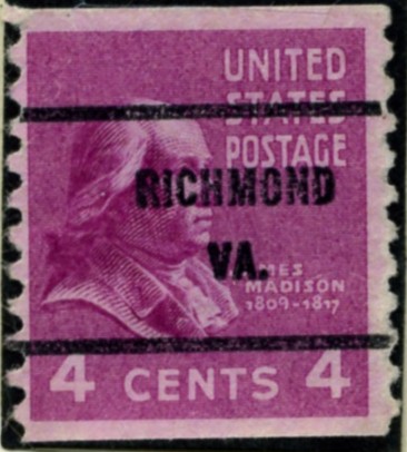 Scott 843 4 Cent Stamp James Madison coil stamp Perforated vertically