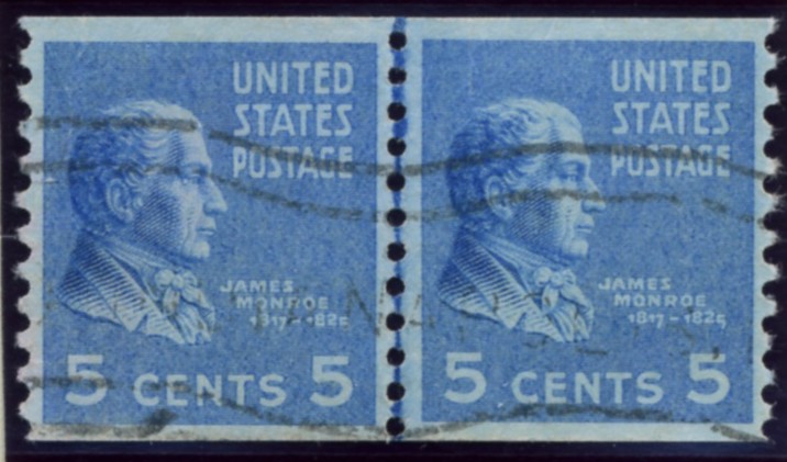 Scott 845 5 Cent Stamp James Monroe coil stamp Perforated vertically pair