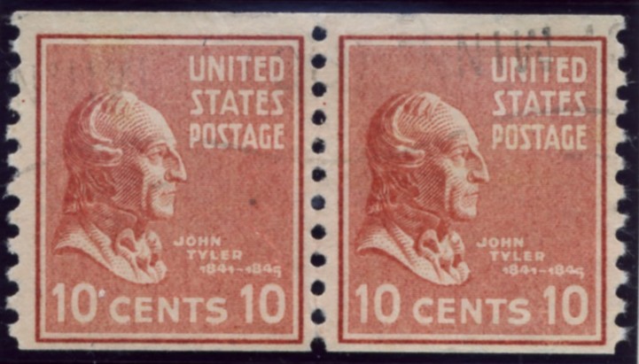 Scott 847 10 Cent Stamp John Tyler coil stamp Perforated vertically pair