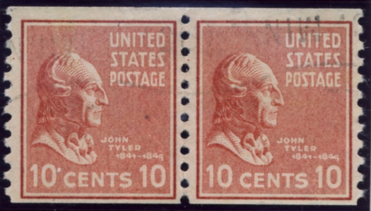 Scott 847 10 Cent Stamp John Tyler coil stamp Perforated vertically pair