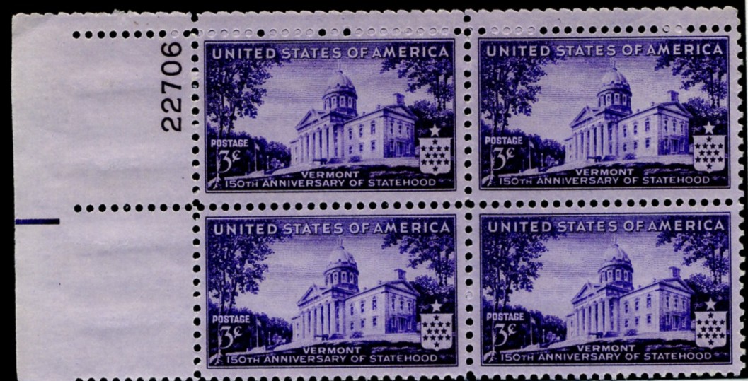 Scott 903 3 Cent Stamp Vermont Statehood Plate Block