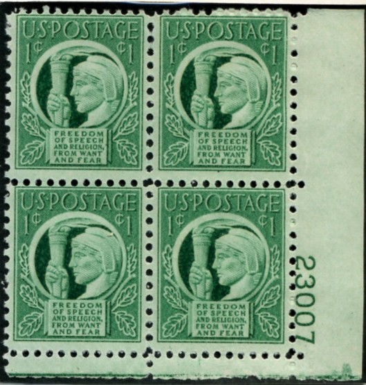 Scott 908 1 Cent Stamp Four Freedoms Plate Block