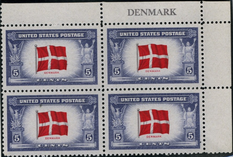 Scott 920 5 Cent Stamp Overrun Countries Issue Denmark Plate Block
