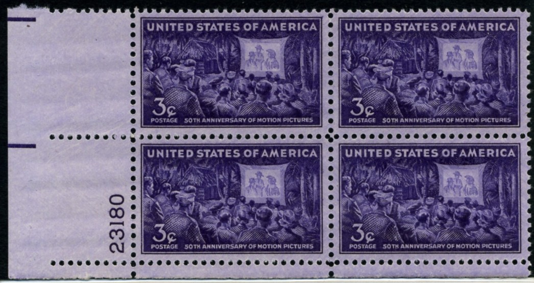 Scott 926 3 Cent Stamp Motion Pictures Plate Block
