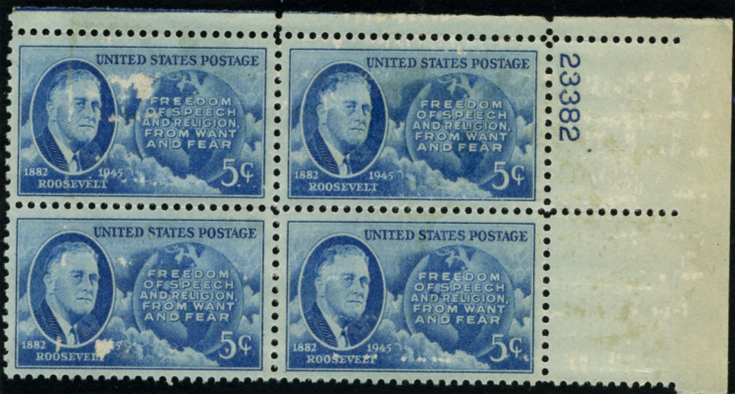 Scott 933 5 Cent Stamp Roosevelt - Four Freedoms Plate Block