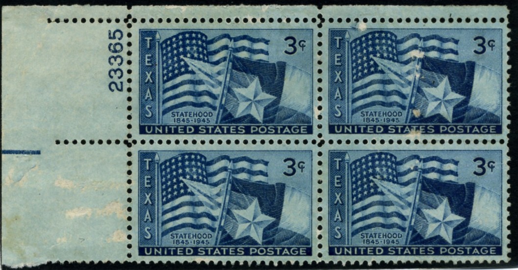 Scott 938 3 Cent Stamp Texas Statehood Centennial Plate Block