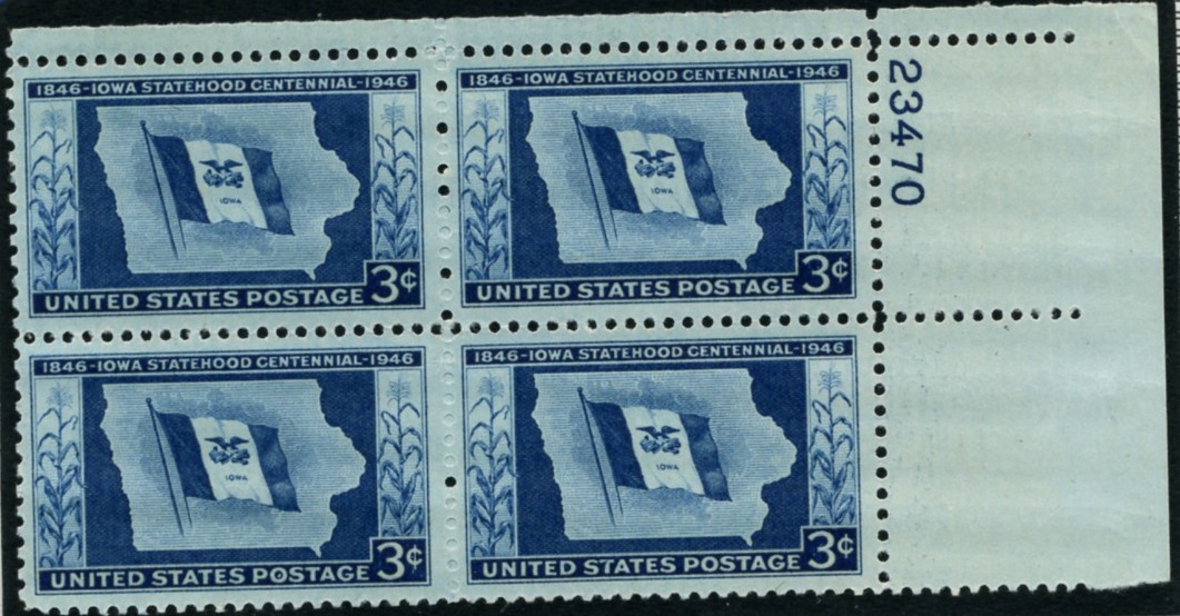 Scott 942 3 Cent Stamp Iowa Statehood Centennial Plate Block