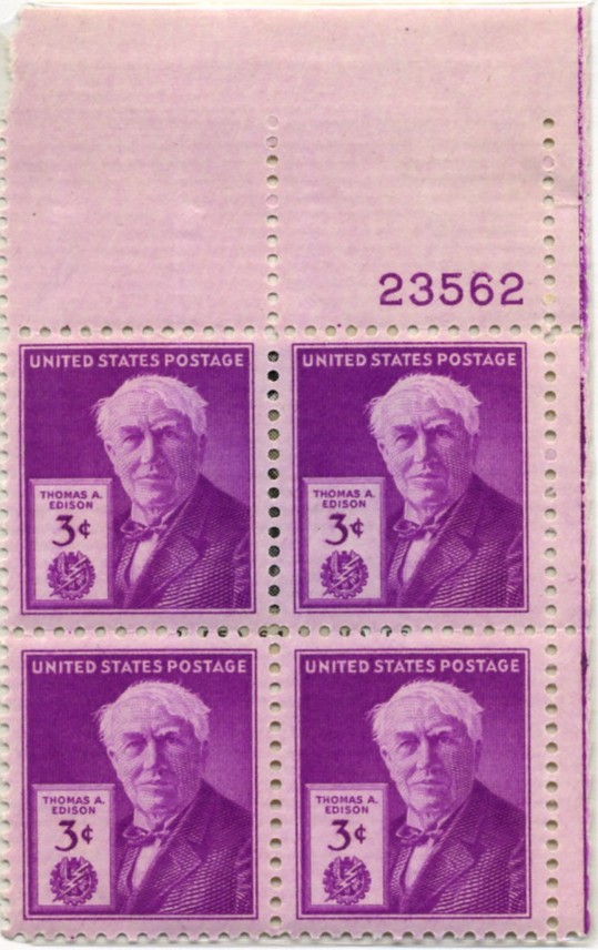 Scott 945 3 Cent Stamp Thomas A Edison Plate Block