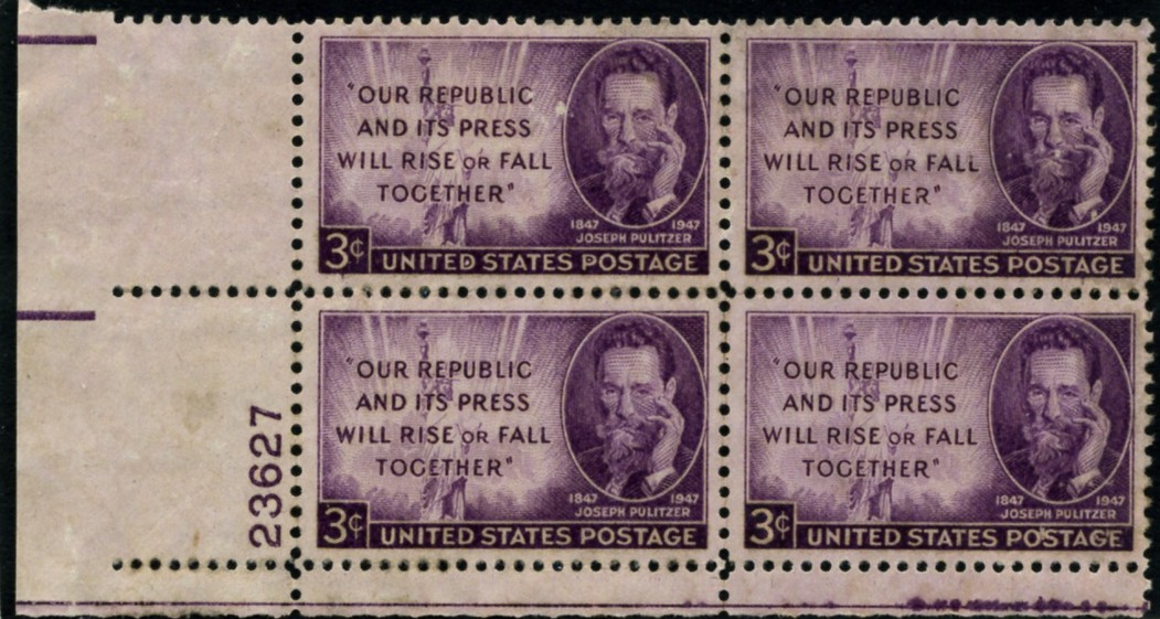 Scott 946 3 Cent Stamp Joseph Pulitzer Plate Block