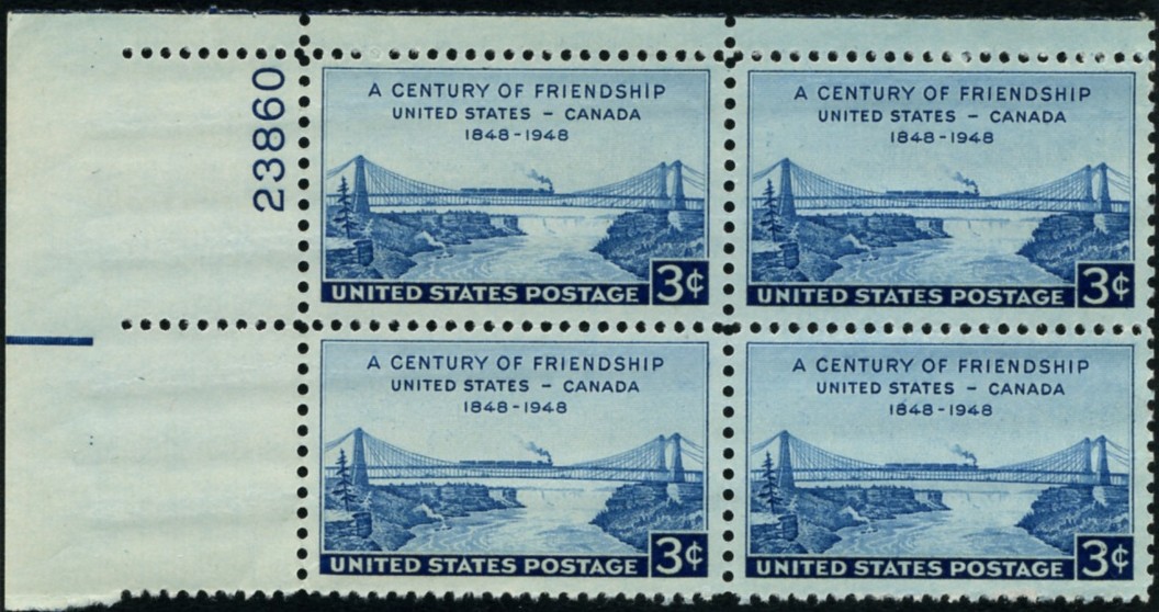 Scott 961 3 Cent Stamp U S Canada Century of Friendship Plate Block