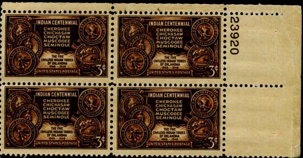 Scott 972 3 Cent Stamp Indian Centennial Cherokee Chickasaw Choctaw Muskogee Seminole Plate Block