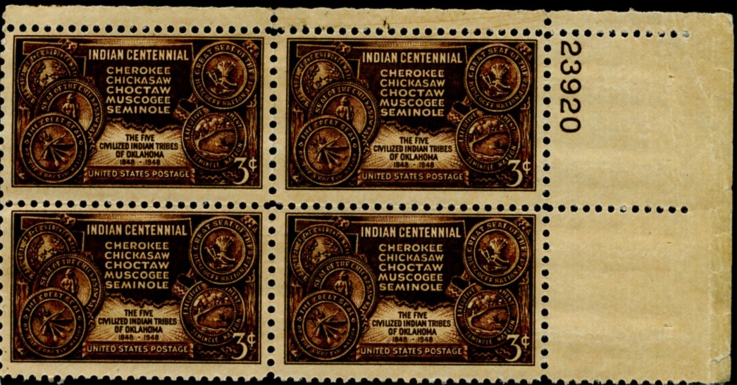Scott 972 3 Cent Stamp Indian Centennial Cherokee Chickasaw Choctaw Muskogee Seminole Plate Block