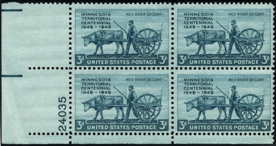 Scott 981 3 Cent Stamp Minnesota Territorial Centennial Plate Block