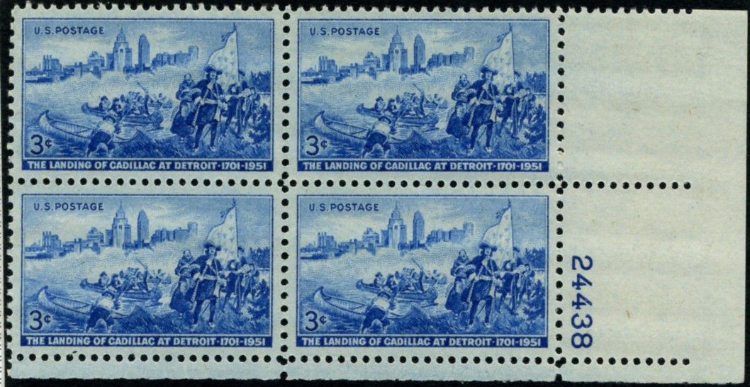 Scott 1000 3 Cent Stamp Landing of Cadillac at Detroit Plate Block