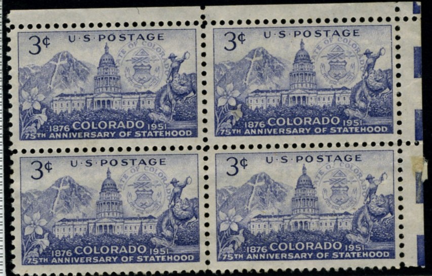 Scott 1001 3 Cent Stamp Colorado Statehood Anniversary Block