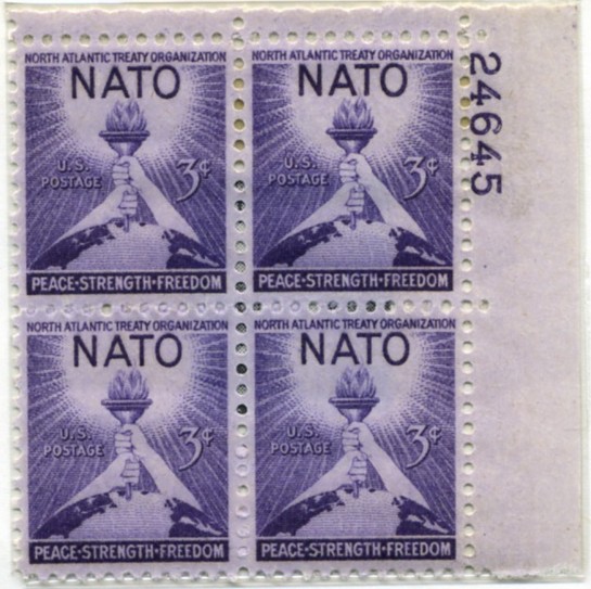 Scott 1008 3 Cent Stamp NATO North Atlantic Treaty Organization Plate Block
