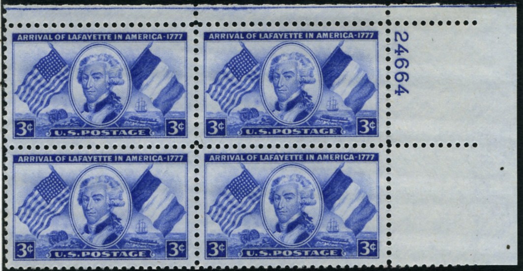 1010 3 Cent Stamp Arrival of Lafayette in America Plate Block