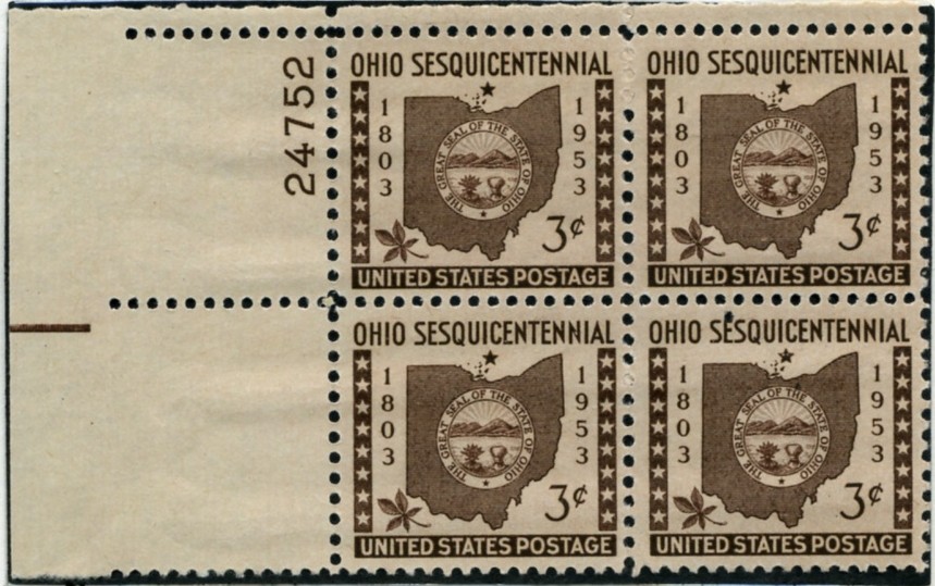 Scott 1018 3 Cent Stamp Ohio Statehood Sesquicentennial Plate Block