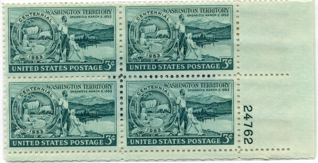 Scott 1019 3 Cent Stamp Washington Territory Centennial Plate Block