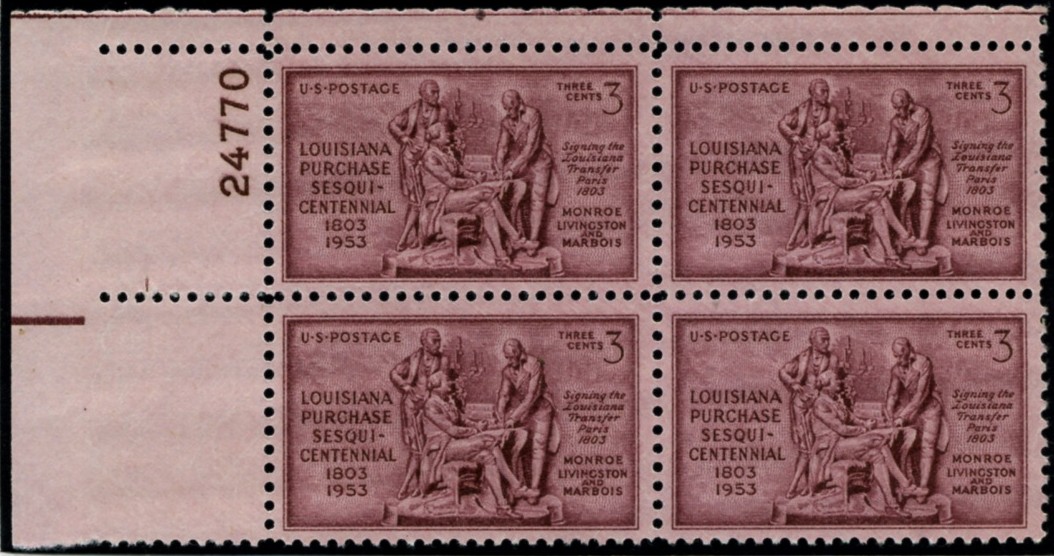 1020 3 Cent Stamp Louisiana Purchase Sesquicentennial Plate Block