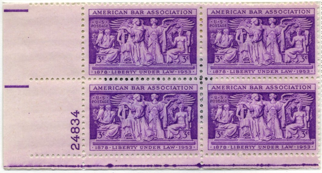 1022 3 Cent Stamp American Bar Association Plate Block