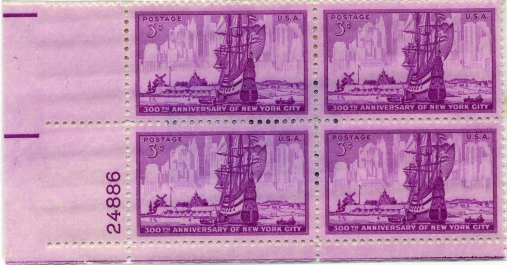 Scott 1027 3 Cent Stamp New York City Plate Block