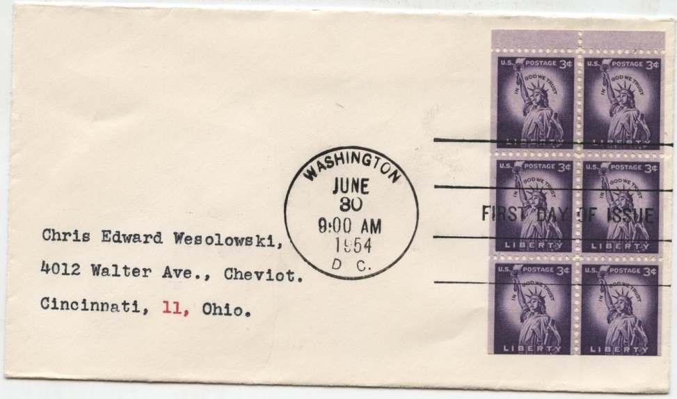 Scott 1035 3 Cent Stamp Statue of Liberty First Day Cover