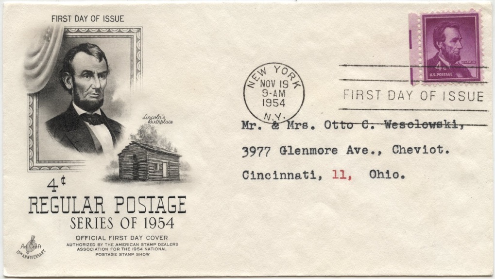 Scott 1036 4 Cent Stamp Abraham Lincoln First Day Cover