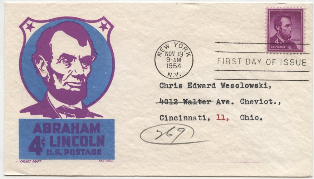Scott 1036 4 Cent Stamp Abraham Lincoln First Day Cover #a