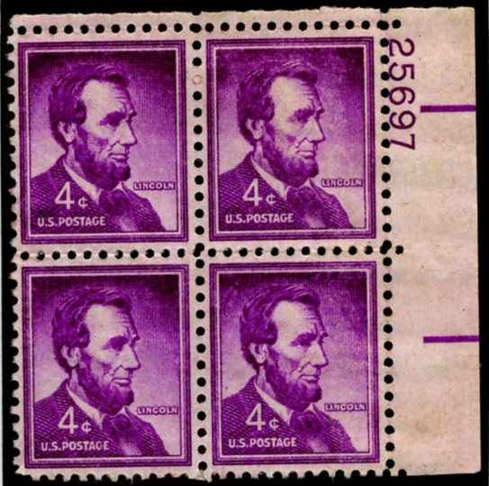 Scott 1036 4 Cent Stamp Abraham Lincoln Plate Block