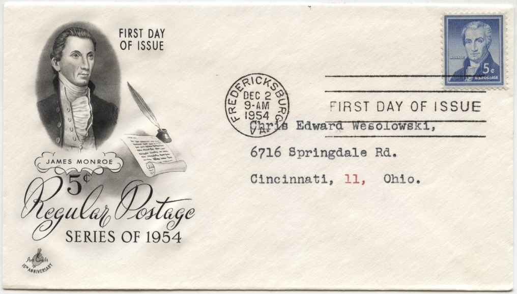 Scott 1038 5 Cent Stamp James Monroe First Day Cover