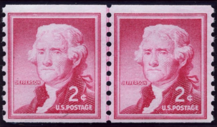 Scott 1055 2 Cent Stamp Thomas Jefferson coil stamp pair