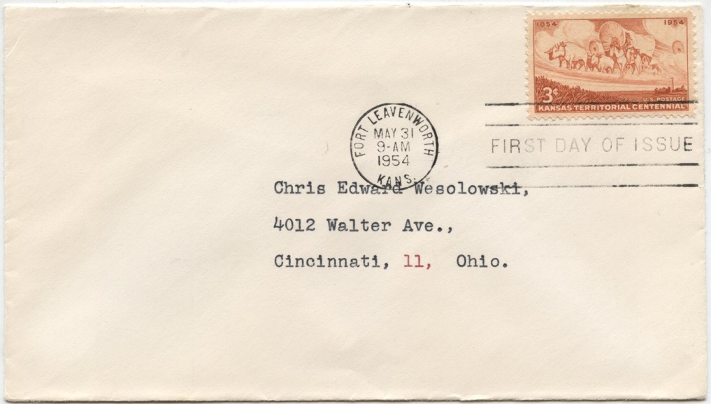 Scott 1061 3 Cent Stamp Kansas Territory Centennial First Day Cover