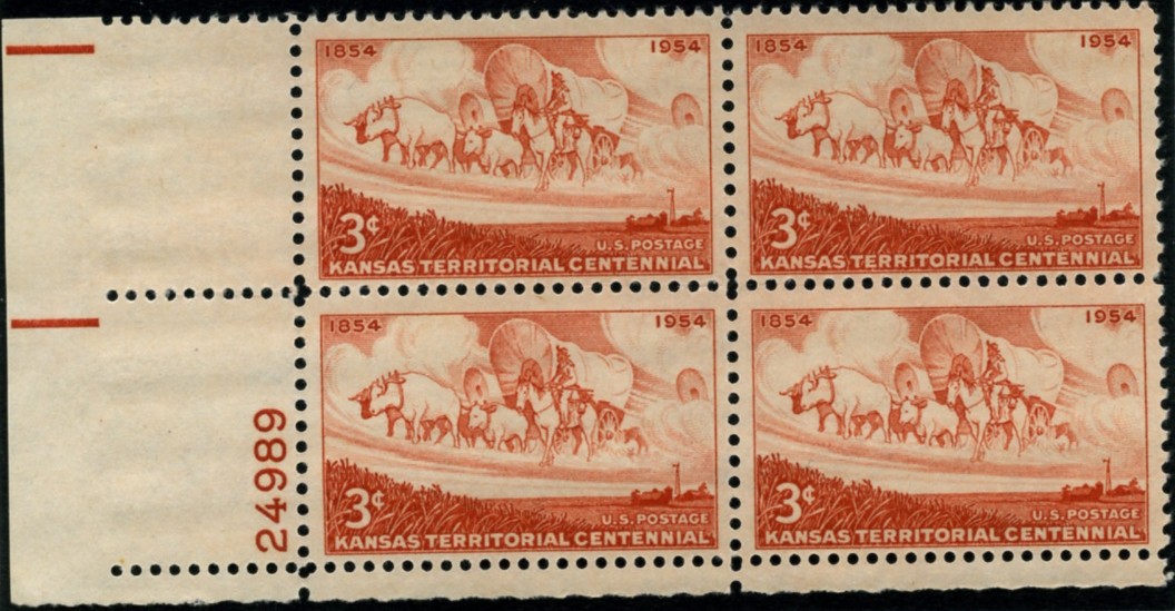 Scott 1061 3 Cent Stamp Kansas Territory Centennial Plate Block