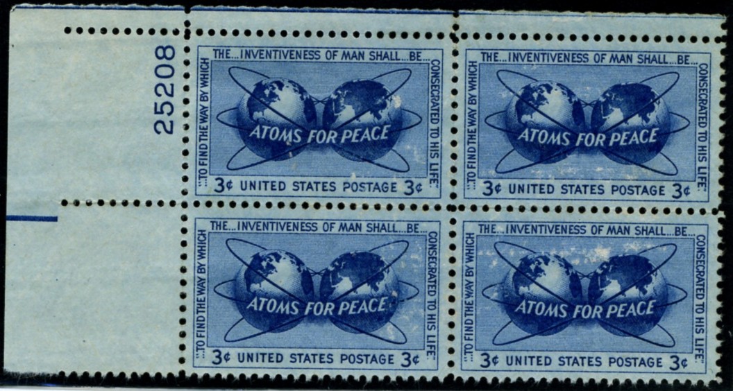 Scott 1070 3 Cent Stamp Atoms For Peace Plate Block