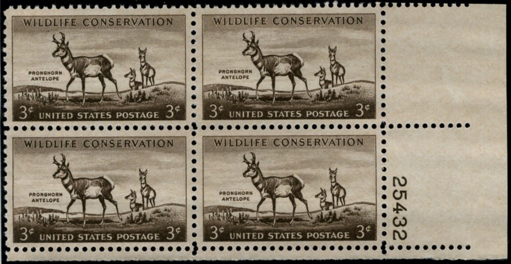 Scott 1078 3 Cent Stamp Wildlife Conservation Pronghorn Antelope Plate Block