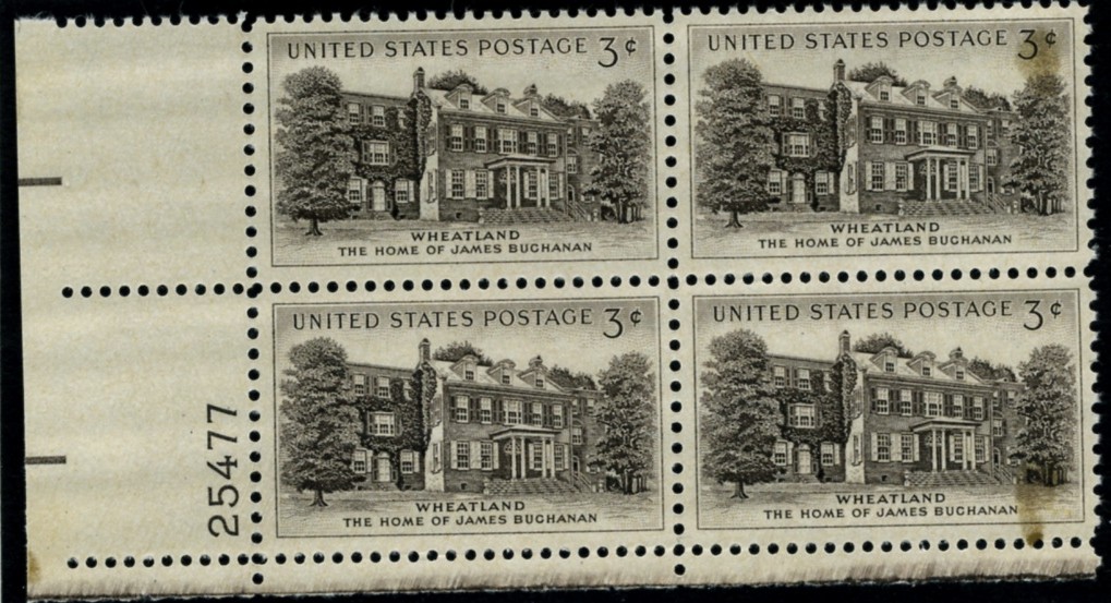 Scott 1081 3 Cent Stamp Wheatland Home of James Buchanan Plate Block