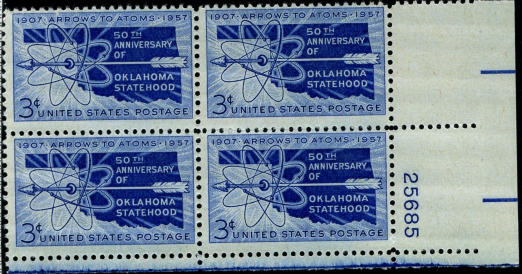 Scott 1092 3 Cent Stamp Oklahoma Statehood Plate Block