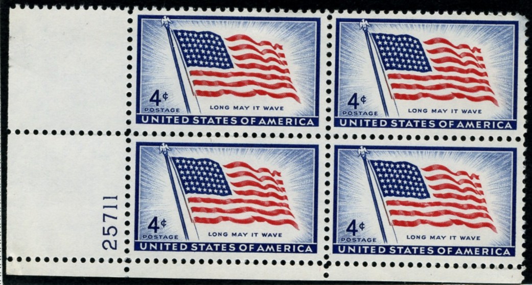Scott 1094 4 Cent Stamp 48 Star Flag Long May It Wave Plate Block