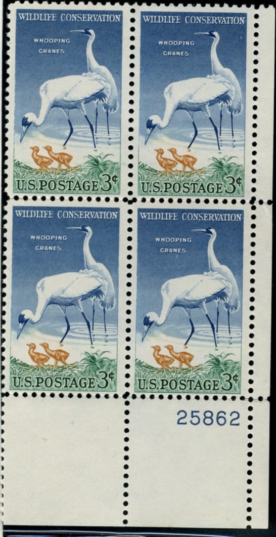 Scott 1098 3 Cent Stamp Wildlife Conservation Whooping Cranes Plate Block