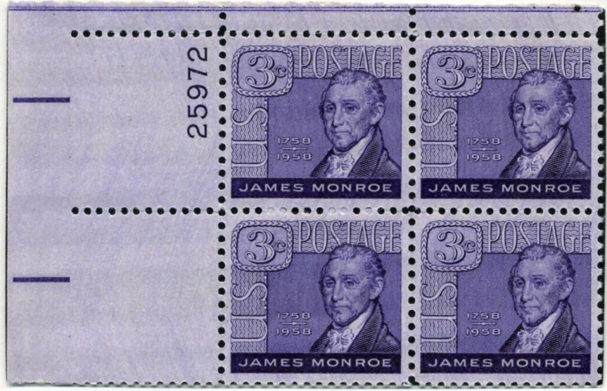 Scott 1105 3 Cent Stamp James Monroe Plate Block