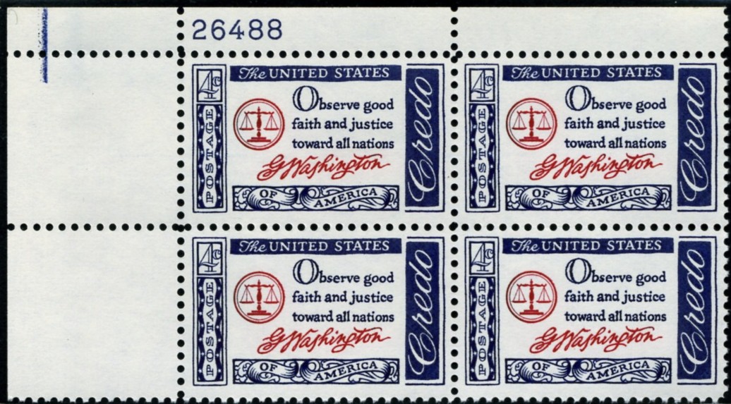 Scott 1139 4 Cent Stamp Credo - Washington Plate Block