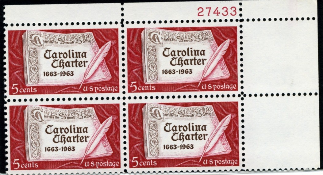 Scott 1230 5 Cent Stamp Carolina Charter Plate Block