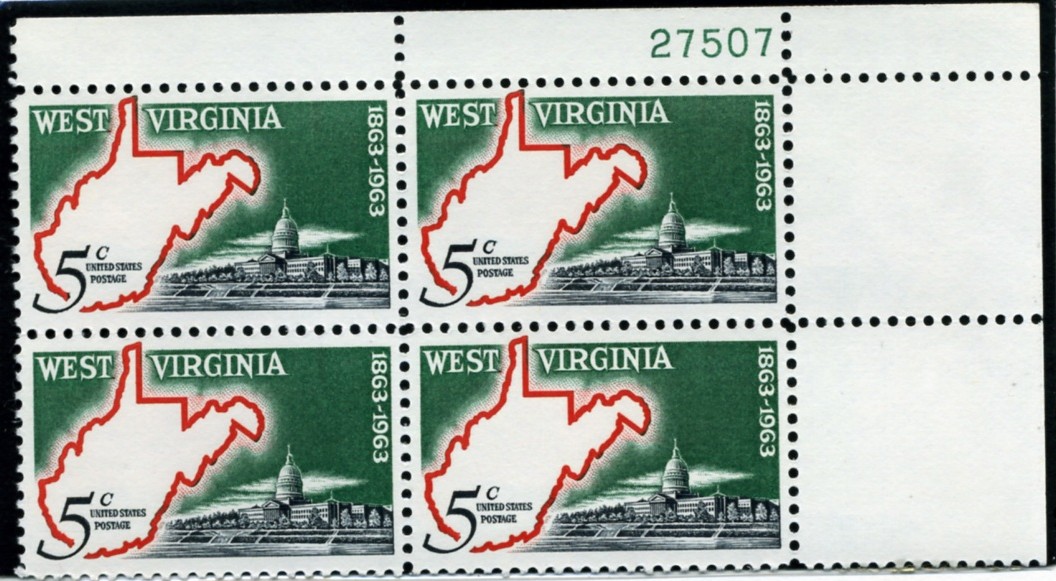 Scott 1232 5 Cent Stamp West Virginia Statehood Centennial Plate Block