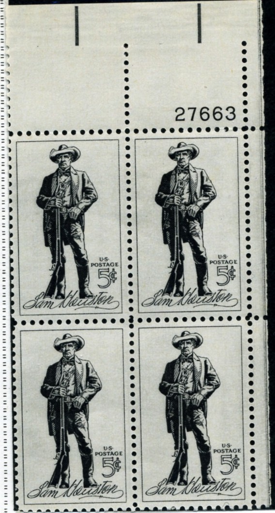 Scott 1242 5 Cent Stamp Sam Houston Plate Block