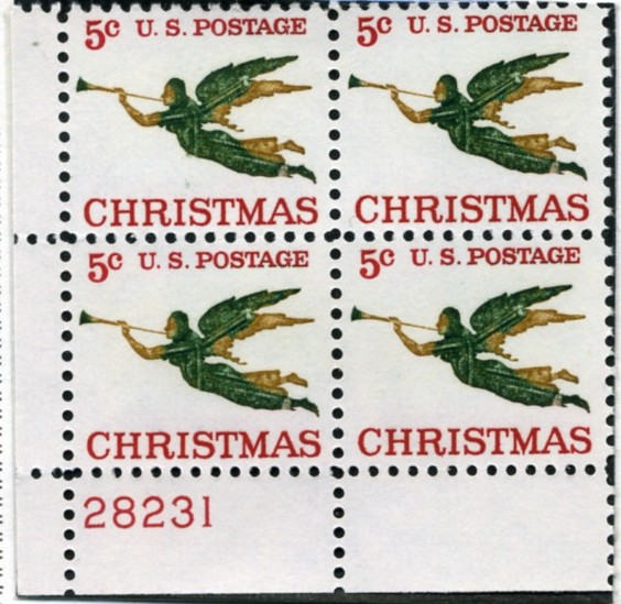 Scott 1276 5 Cent Stamp Christmas Angel and Trumpet Plate Block