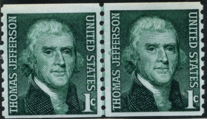 Scott 1299 1 Cent Stamp Thomas Jefferson perforated 10 vertically pair